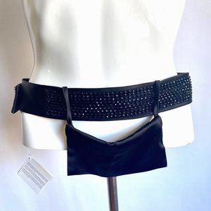 NWT $520 LA PERLA Black Satin Silk Rhinestone Belt with Pouch 32